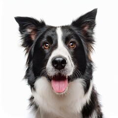 funny close up border collie dog face isolated on white background