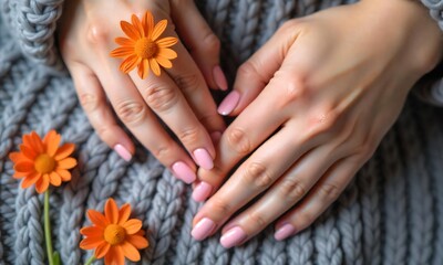 Fototapeta premium A caring mother gives her newborn a gentle pedicure in a serene spa setting surrounded by flowers
