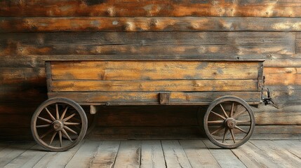 Obraz premium Antique Wooden Wagon with Spoked Wheels Against Rustic Wooden Wall