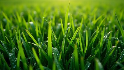 Fototapeta premium Freshly cut grass with morning dew droplets vibrant green hues from a top down view