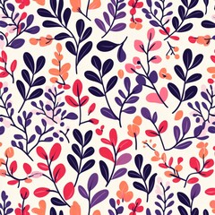 A vibrant floral pattern featuring various leaves and berries in warm colors.