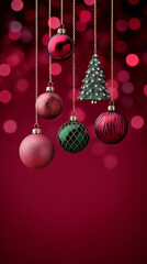 Christmas background of hanging various ornaments. Shades of red and green colors. Space for text.