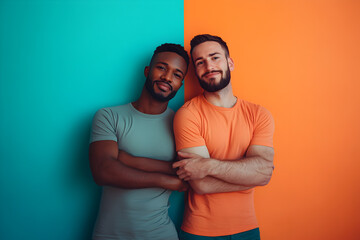 Obraz premium Diverse Friends Leaning Against Colorful Background