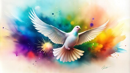 Obraz premium White dove flying amidst a burst of colorful splashes representing peace and freedom in vibrant art style