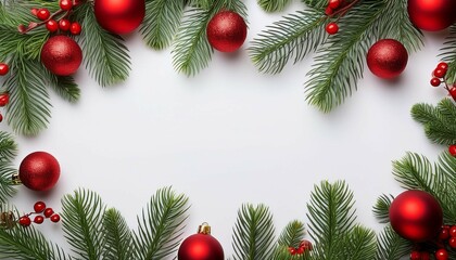 white christmas background with christmas tree branches and red baubles