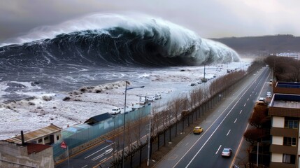 A large tsunami wave. Natural cataclysm.