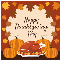 Happy Thanksgiving Day Vector Illustration with Turkey Bird, Pumpkin, Leaves and Many Others Elements Background Flat Cartoon Hand Drawn Templates.
