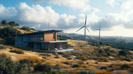 Obraz premium Modern, sustainable house in a scenic landscape with a wind turbine, promoting eco-friendly architecture and renewable energy solutions.
