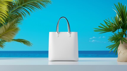 Stylish White Bag Against Tropical Seascape