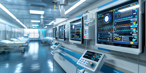 Naklejka premium Modern Hospital Room with Computer Monitors and Sleek Design