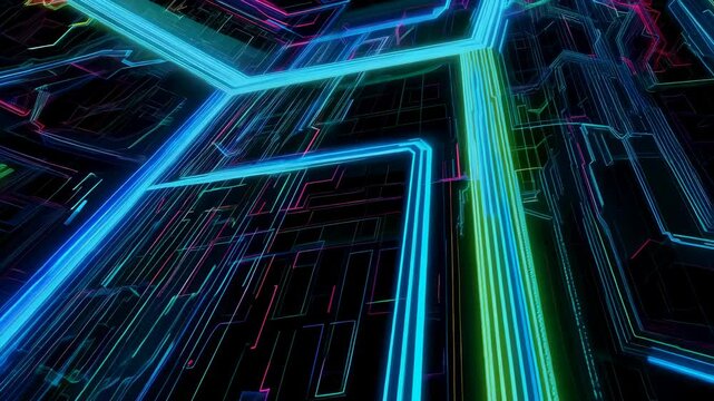 A digital glitch pattern of pixelated shapes and fragmented lines in vibrant neon colors with a futuristic aesthetic. Abstract texture. 