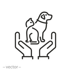 shelter animals, insurance pet icon, animal care, protection pet in hands, dog and cat, thin line vector illustration