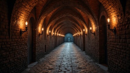 Fototapeta premium Mysterious arched tunnel in ancient fortress with torches lighting the way