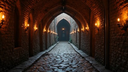 Fototapeta premium Mysterious arched tunnel in ancient fortress with torches lighting the way