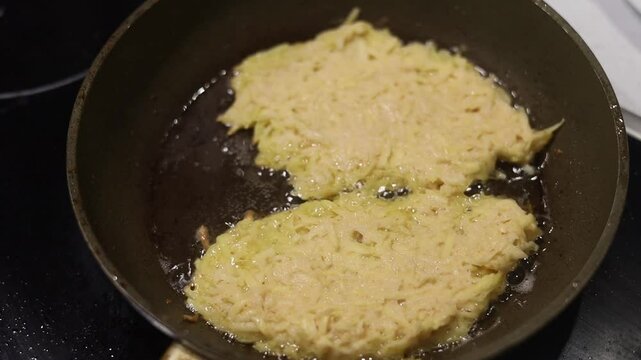 Potato food. Delicious golden draniki are cooked on a frying pan