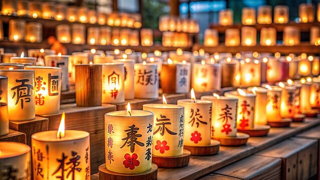 Colorful andon candles lighting up the atmosphere during a traditional Japanese festival