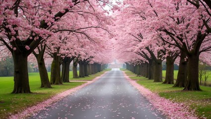 Naklejka premium Tranquil country lane with cherry blossoms petals covering road