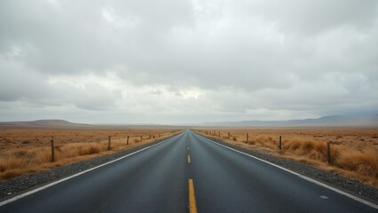 Tranquil road through endless plain under cloudy sky