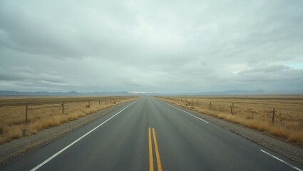 Naklejka premium Tranquil road through endless plain under cloudy sky