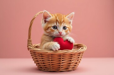 red  kitten in a basket with a heart in its paws on pink background