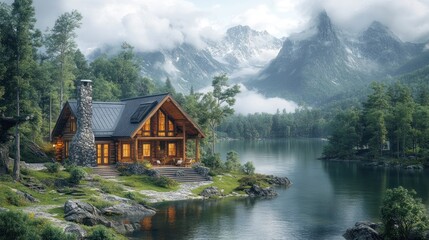 Fototapeta premium Secluded Log Cabin by a Tranquil Lake with Mountain Views