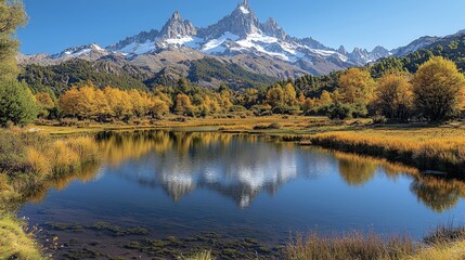 Scenic mountain landscape with a reflective lake and autumn foliage.