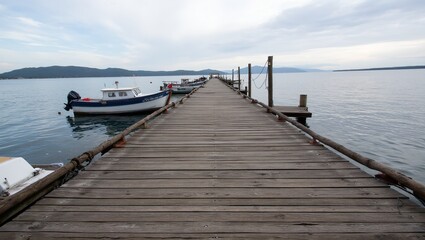Fototapeta premium Tranquil bay with fishing boats at pier under clear skies