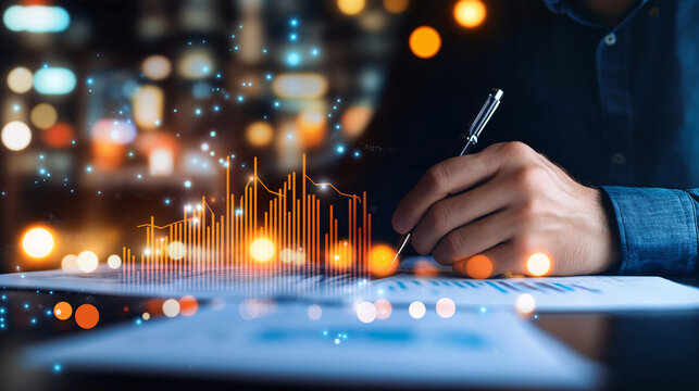 Businessman Analyzing Financial Data and Graphs with Pen on Desk at Night