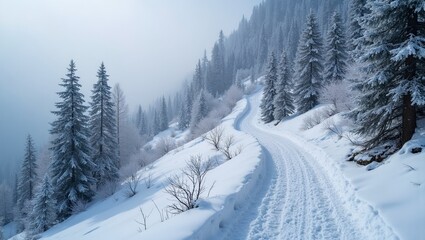 Fototapeta premium Winter hiking trail along snowy mountain ridge with frost covered pines
