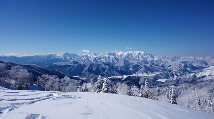 Obraz premium Snow-covered mountains, clear blue sky and crisp air