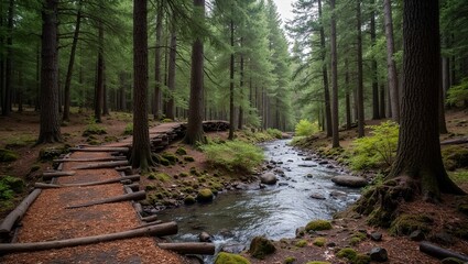 Obraz premium Tranquil footbridge over stream in pine forest fallen pine needles rushing water sounds