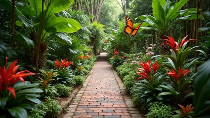 Serene brick path through lush colorful garden butterflies fluttering among exotic flowers