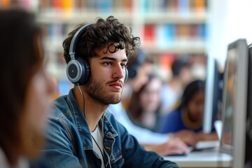 Focused young man wearing headphones while working on a computer in a modern library during daytime