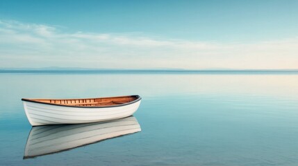 A solitary fishing boat floating on calm waters at dawn