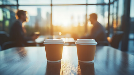 Two cups of coffee sit on a table in front of two people