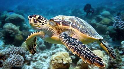 A cute sea turtle gracefully swimming near the ocean’s surface in a calm, blue sea. This peaceful underwater scene showcases the turtle moving effortlessly through the water