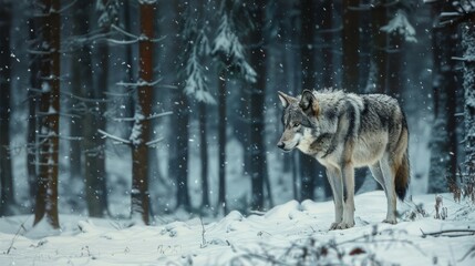 Snow-covered forest with a lone wolf, highlighting the solitude and natural habitats of Earth's wildlife
