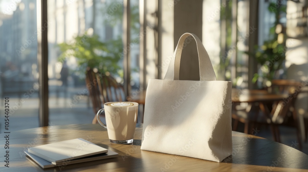 Aufkleber A stylish handbag rests on a wooden table beside a warm cup of coffee and an open notepad. Sunlight fills the cafe, creating a serene morning atmosphere perfect for reflection and creativity.