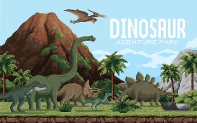 8 bit pixel art prehistoric dinosaurs adventure park. Vector nostalgic retro video gaming scene featuring dino species in nature landscape with mountains, trees and cloudy sky. Arcade game background © Vector Tradition