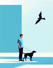 Man walking with dog, minimalism