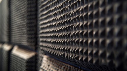 Dark gray acoustic foam panels are arranged in a repeating pattern, creating a soundproof wall in a recording studio or other space where sound control is important