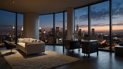 Modern luxury office with sleek furniture and city skyline views at dusk.