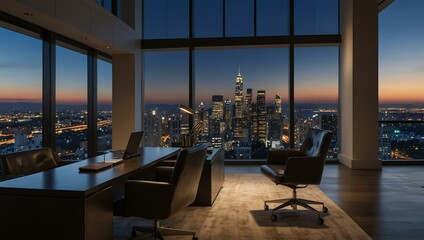 Fototapeta premium Modern luxury office with sleek furniture and city skyline views at dusk.