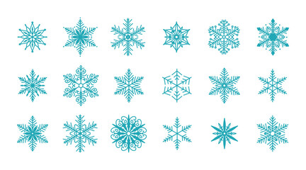 Unique snowflakes set, detailed hand drawn flat vector line illustration. Graphic outline doodle drawing. Christmas and New Year symbol. Beautiful snowflake silhouette icon for frosty winter designs.