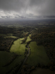 Drone aerial view of cloudy weather over the British countryside