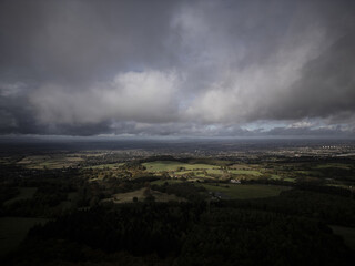 Drone aerial view of cloudy weather over the British countryside
