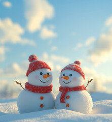 Two snowmans stands on the snow on the nature background