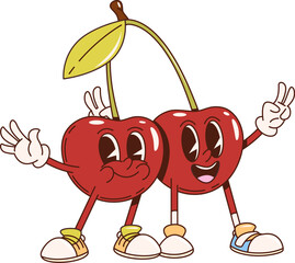Retro groovy cherry berry twins cartoon characters. Isolated vector couple of fresh and ripe summer hippie berries personages hanging on stem. Comic nostalgic juicy fruits with vintage nostalgic vibes © Vector Tradition