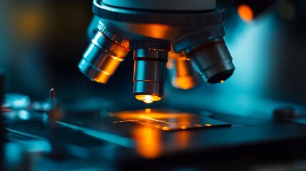 Featuring a microscope close-up, this image captures the focal point of scientific exploration and discovery, representing modern research tools in a laboratory setting.