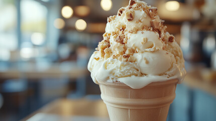 Sandy ice cream dessert with nuts and caramel in a cone displayed in a bright cafe with copy space